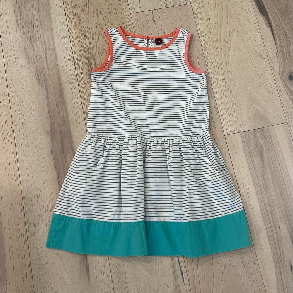 Tea Collection Striped Kids Dress with Coral and Teal Accents